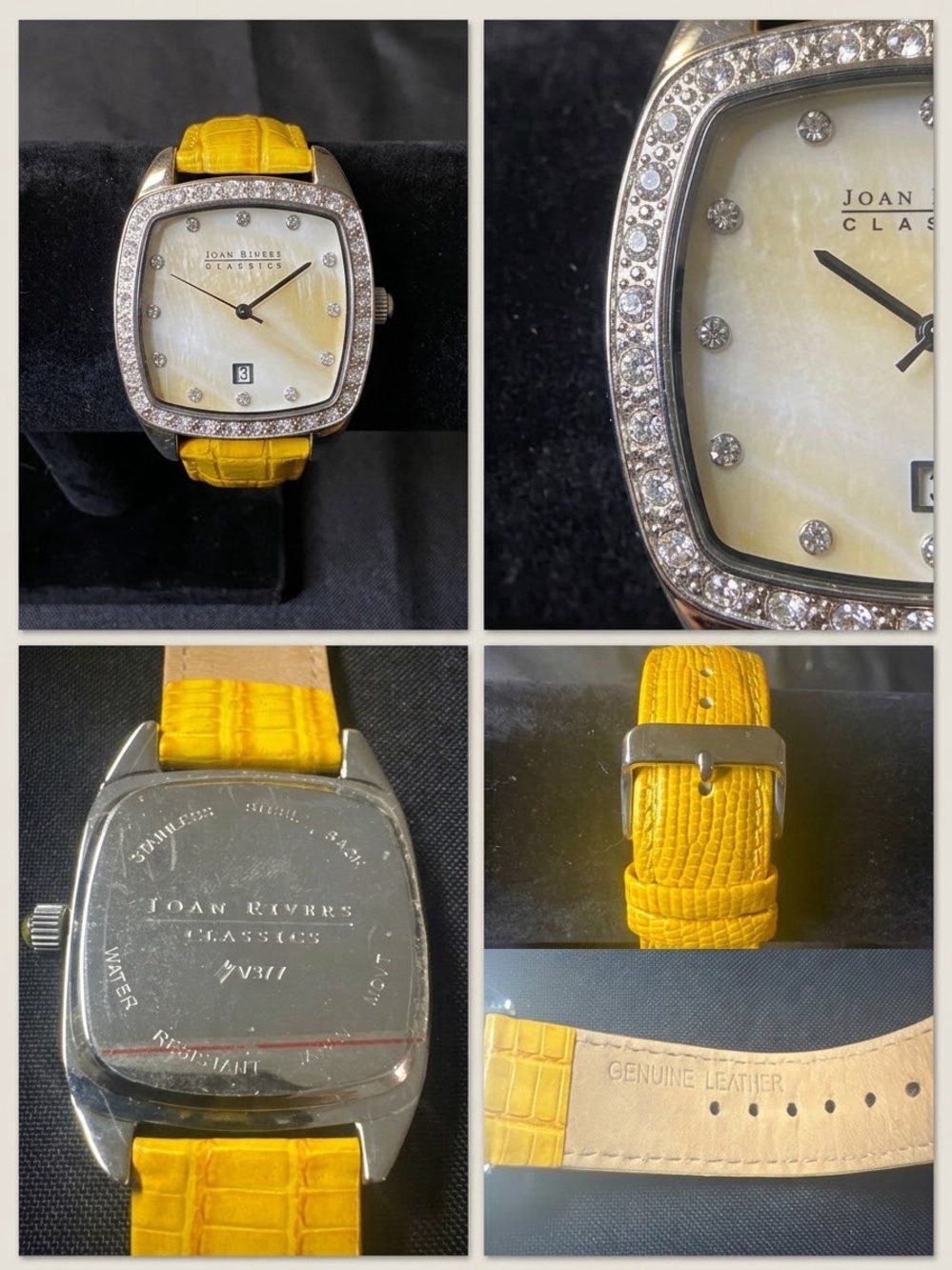 Joan Rivers Classics Square Crystal Bezel Watch Mother of Pearl Yellow Leather